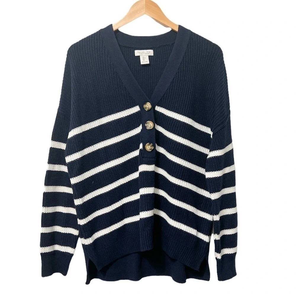 Rachel Zoe New York Striped Quarter Button Down Sweater Large
